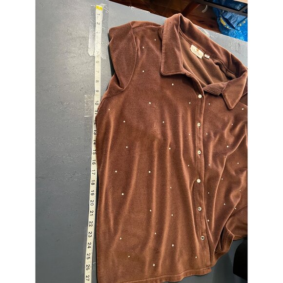 Quacker Factory Womens 2X Brown Velour Button-Up Shirt With Rhinestone Accents - Picture 7 of 10